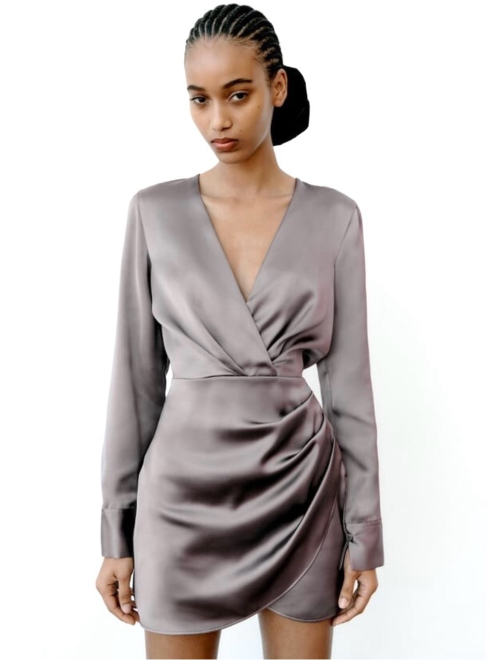 Zara Silver Satin Surplice Low Cut V Neck Faux Wrap Mini Dress